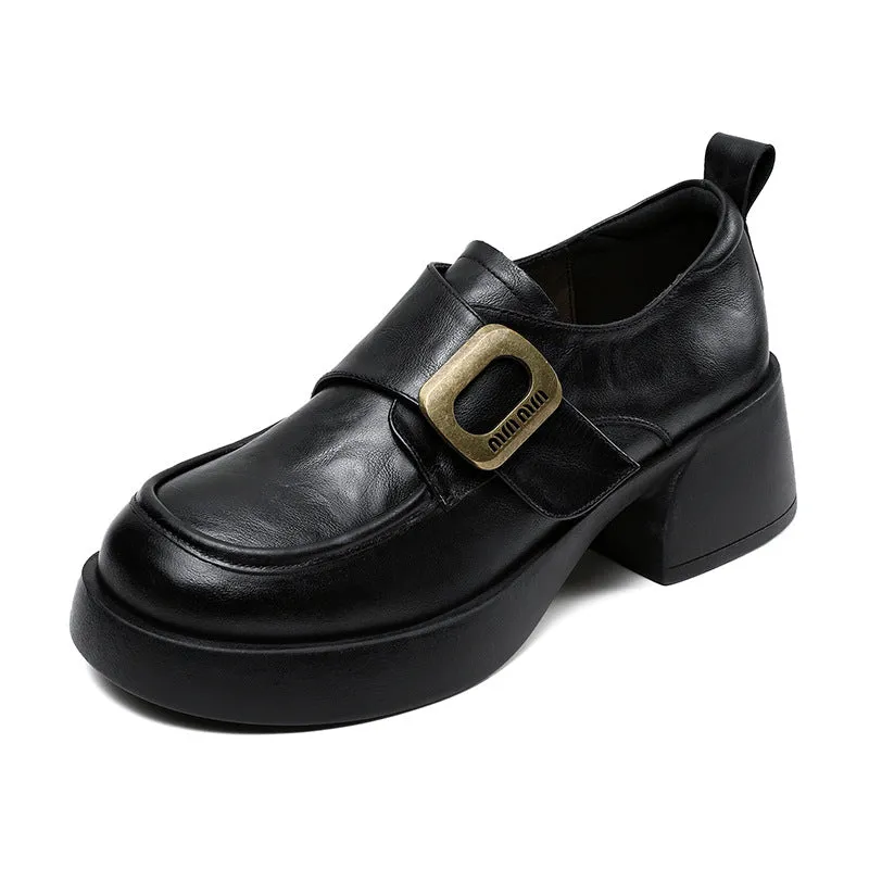 Women Vintage Soft Leather Chunky Heel Casual Loafers