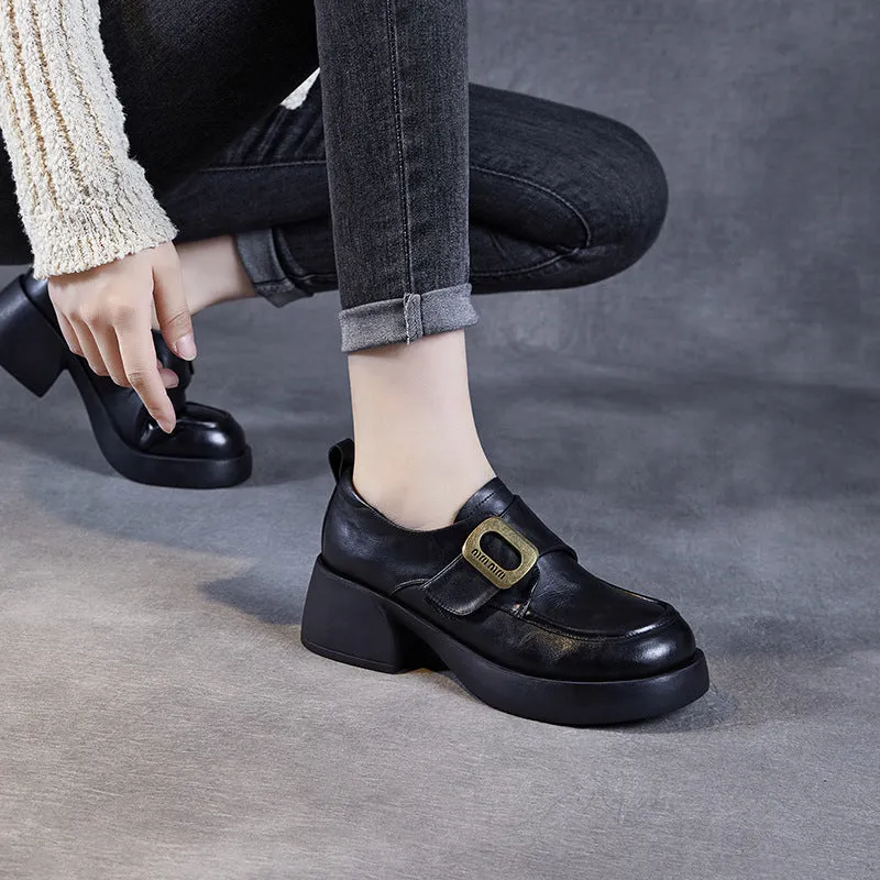 Women Vintage Soft Leather Chunky Heel Casual Loafers