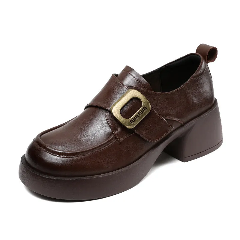 Women Vintage Soft Leather Chunky Heel Casual Loafers