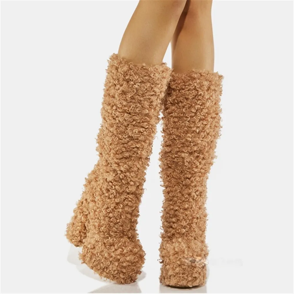 Women Warm Fur Boots Winter Plush Faux Fur Snow Boots
