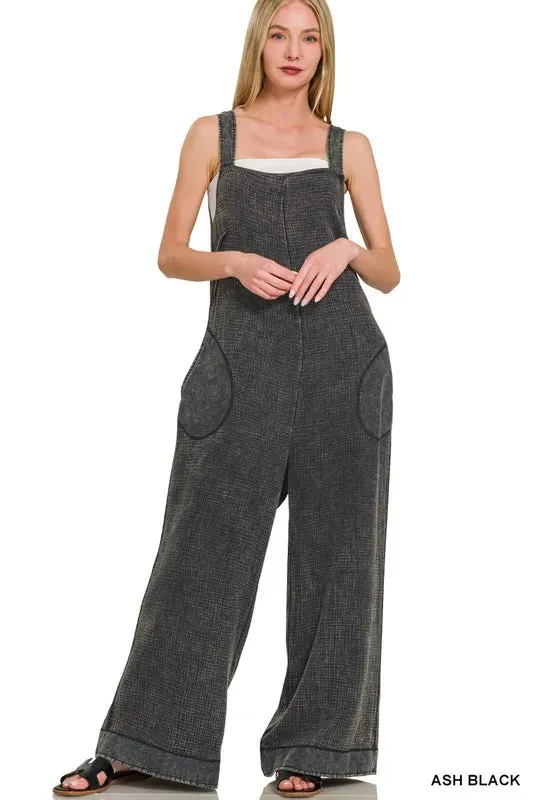 Zenana Double Gauze Washed Wide Leg Overalls